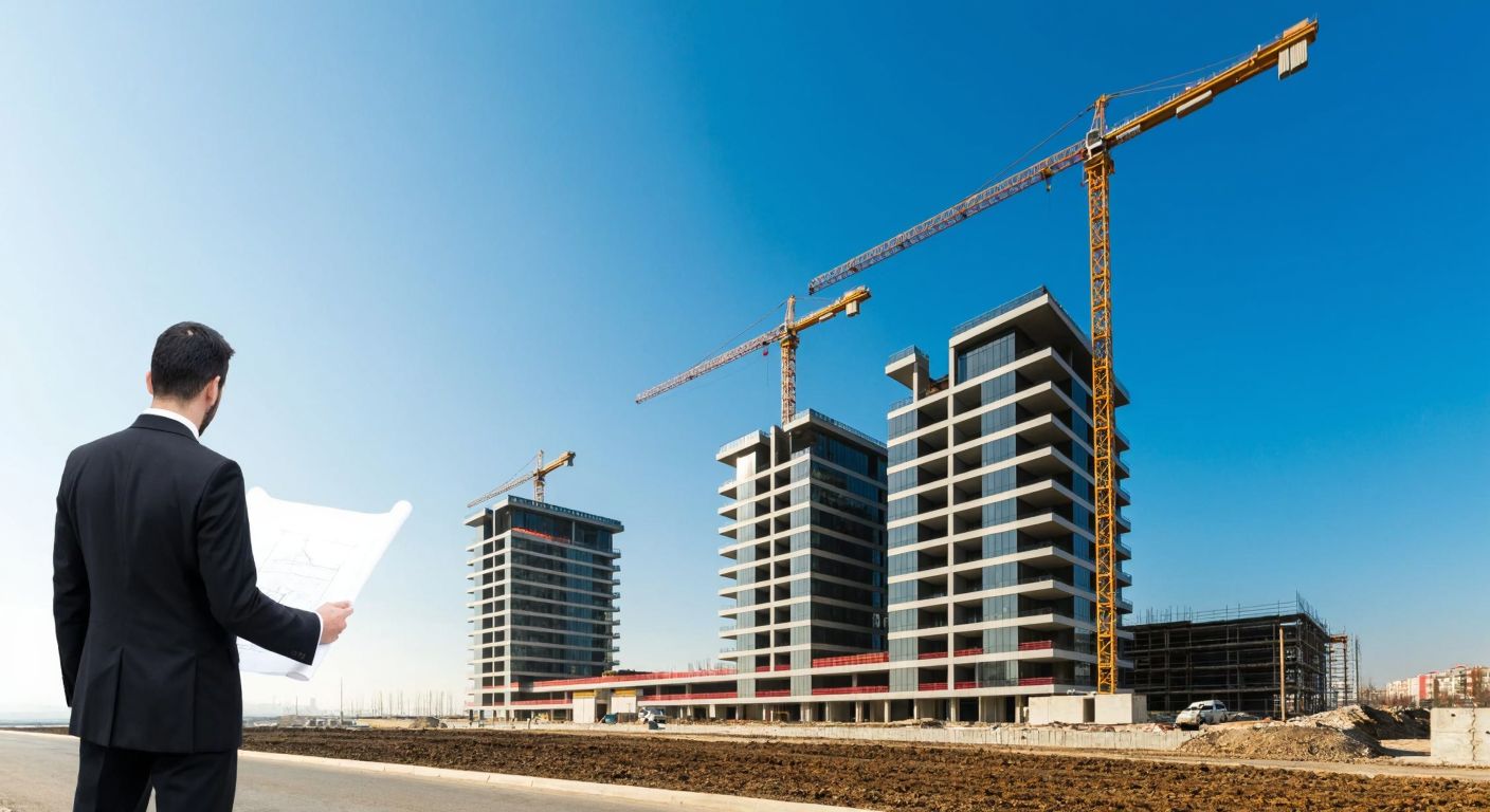 A modern construction site in Istanbul's Ataköy district, with cranes and half-finished office buildings under a clear blue sky, while a businessman in a suit stands nearby looking at a blueprint.
