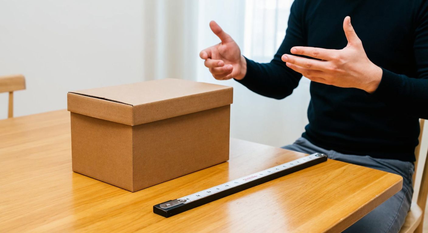 A small cardboard box placed on a wooden table in a Turkish home, with a measuring tape beside it and a person's hands gesturing to demonstrate its dimensions.