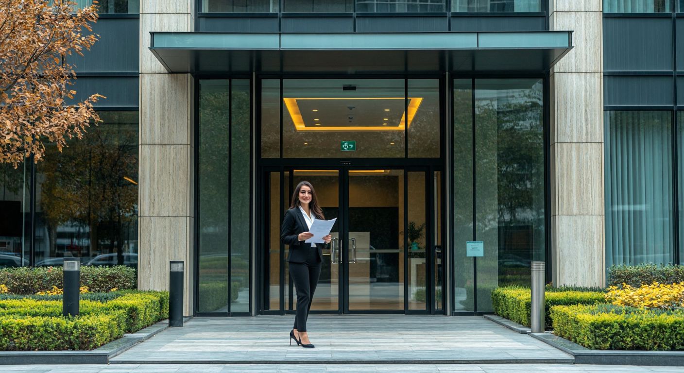 A modern office building in Istanbul with a signless glass entrance, where a professional Turkish woman in business attire warmly greets students holding exam papers.