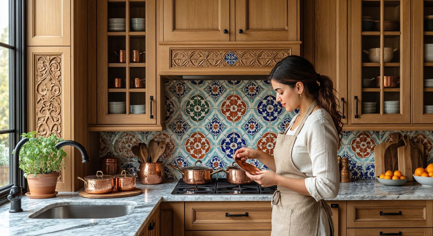 A warm Turkish kitchen with light oak cabinets featuring traditional carved wooden doors, a marble countertop holding copper pots, and a colorful ceramic tile backsplash, as a woman in an apron thoughtfully examines the cabinet hinges.