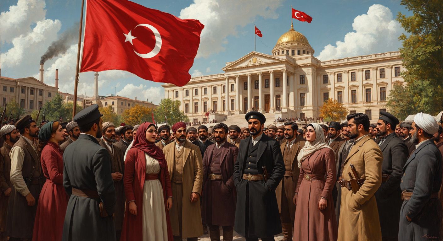 A solemn yet hopeful scene of a diverse crowd in early 20th-century Turkish attire gathered in front of a grand government building under a fluttering red flag with a white crescent and star, while workers construct factories in the background and women in modern clothing cast votes.