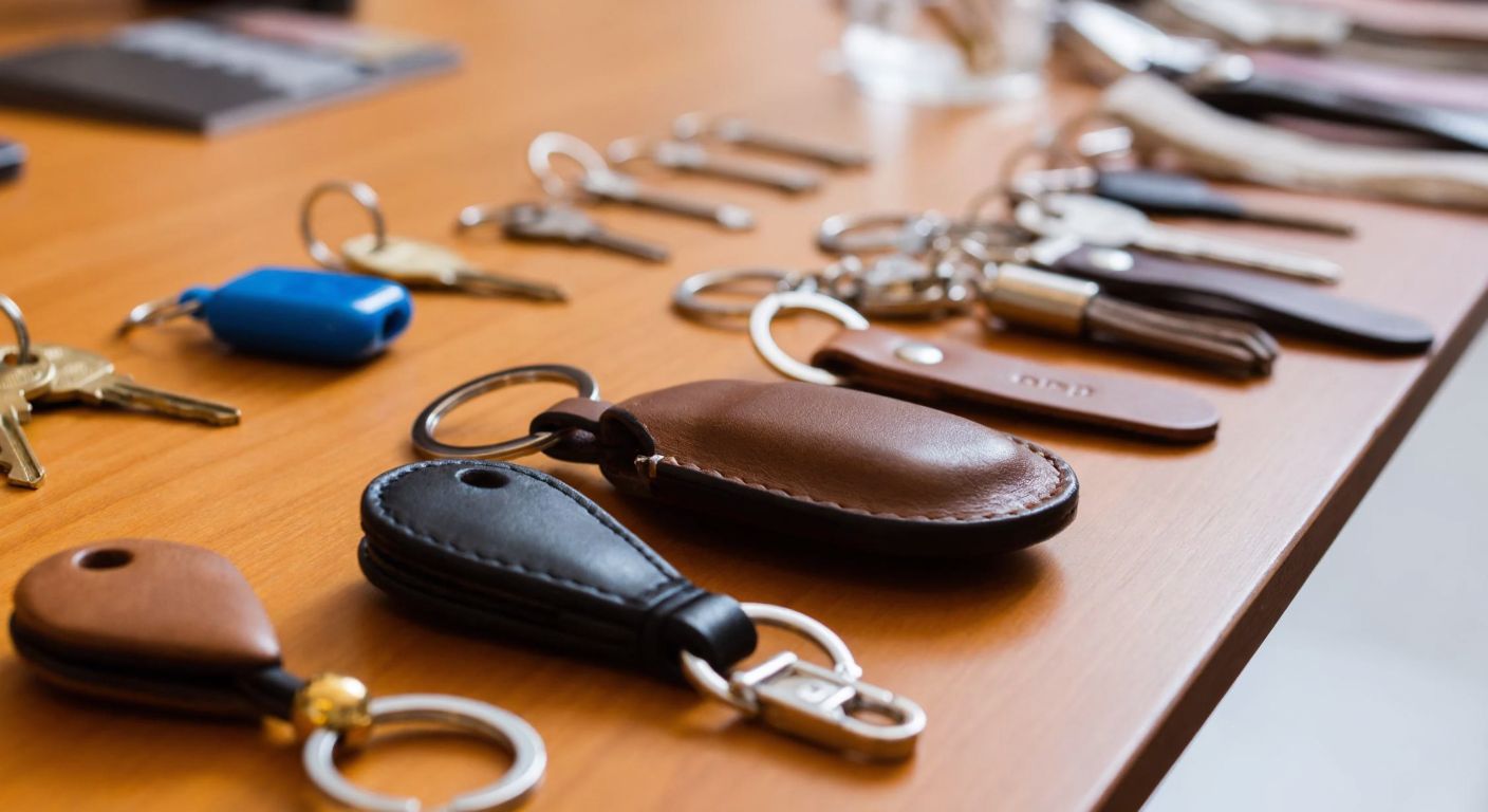 A close-up of a wooden table displaying various keychain chains—shiny metal, smooth leather, colorful plastic, and natural wood—arranged neatly beside a small pile of keys, evoking a sense of choice and craftsmanship.