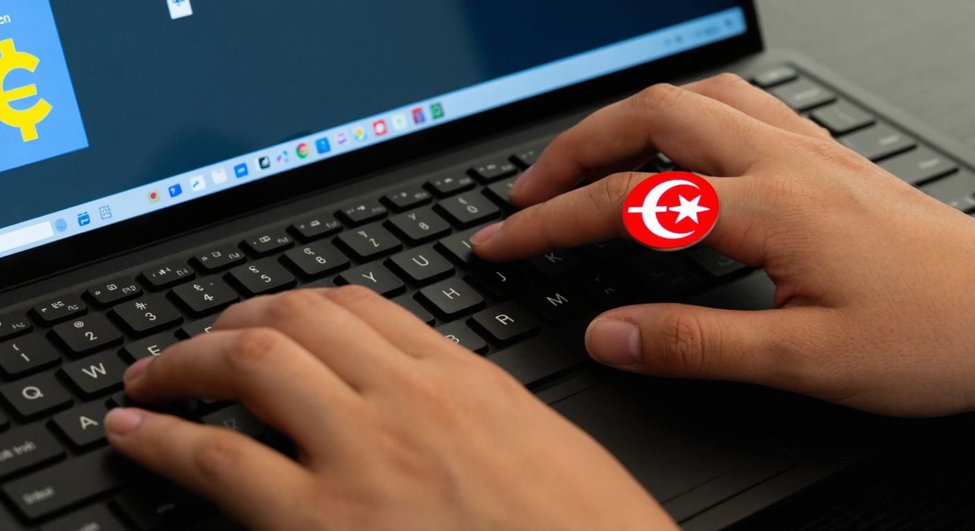 A close-up of hands typing on a Turkish Q-keyboard, with fingers pressing the Alt key while hovering over the numeric keypad, and a faint glow highlighting the Euro symbol (€) appearing on the screen.