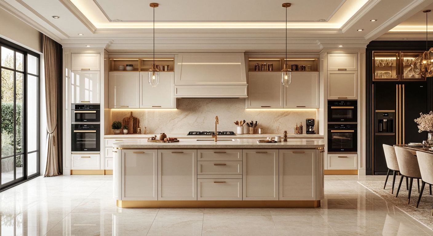 A sleek, modern kitchen with glossy white cabinets and gold accents, set against a warm Turkish home backdrop, evoking elegance and sophistication.