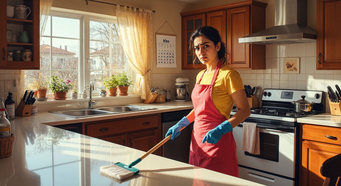 A Turkish homeowner in a bright kitchen wearing gloves and holding a mop, looking at a freshly sprayed countertop with a determined expression, while a calendar on the wall subtly shows a date ten days ahead.  

*(Note: The calendar is implied as a visual marker of time but contains no explicit numbers or text.)*