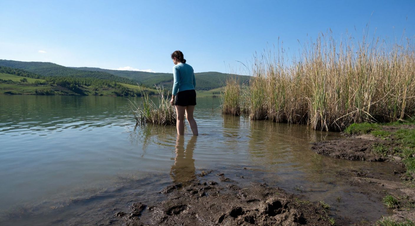 A serene lakeside scene in Turkey with shallow, rippling water near the shore, where a cautious person dips their feet while reeds and muddy patches hint at hidden dangers in the deeper, shadowy parts of Ömerli Barajı.