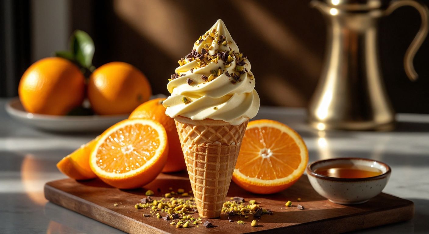 A golden-brown Cornetto ice cream cone topped with swirls of creamy vanilla, sprinkled with crushed pistachios and chocolate shavings, nestled beside fresh orange slices and a small bowl of honey in a sunlit Turkish kitchen.