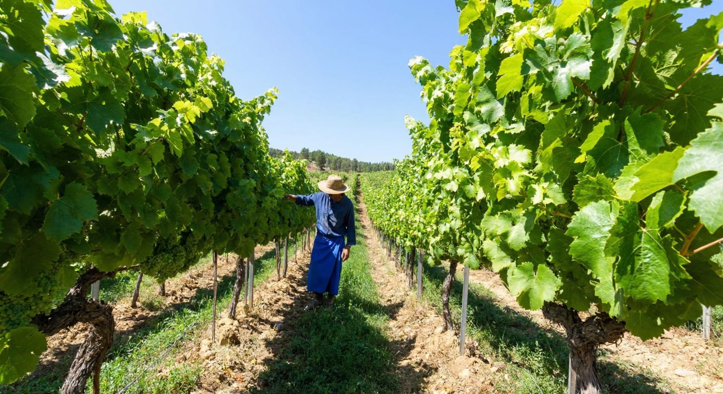 A sun-drenched vineyard in Turkey's Aegean region, with lush grapevines heavy with broad, tender leaves, and a farmer in traditional attire carefully inspecting them.