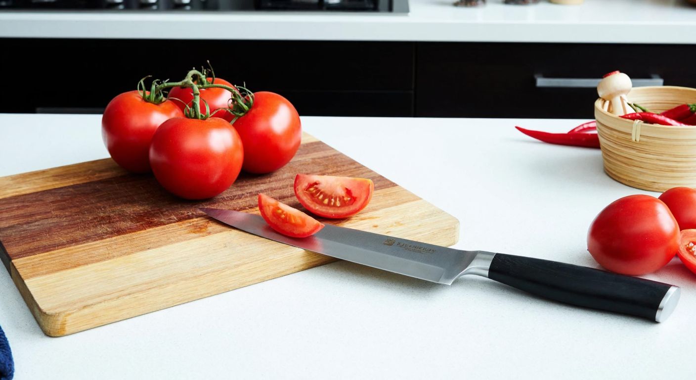 A Turkish kitchen counter with a sharp chef's knife slicing fresh red tomatoes next to a wooden cutting board, while a craft table nearby holds a precision hobby knife cutting thin cardboard for a model project.