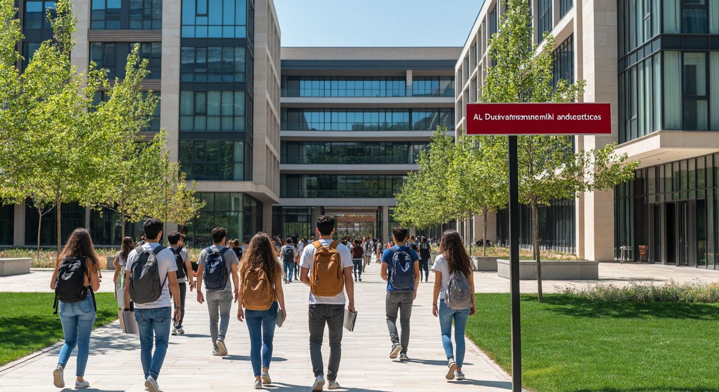 A vibrant university campus in Turkey with students walking past modern buildings, holding books and laptops, while a signboard (without text) points toward different academic departments.  

*(Note: The description avoids text and focuses on the academic setting, but if the signboard is considered symbolic communication, it can be omitted. An alternative could be: "A lively Turkish university courtyard with students chatting under trees, surrounded by academic buildings.")*