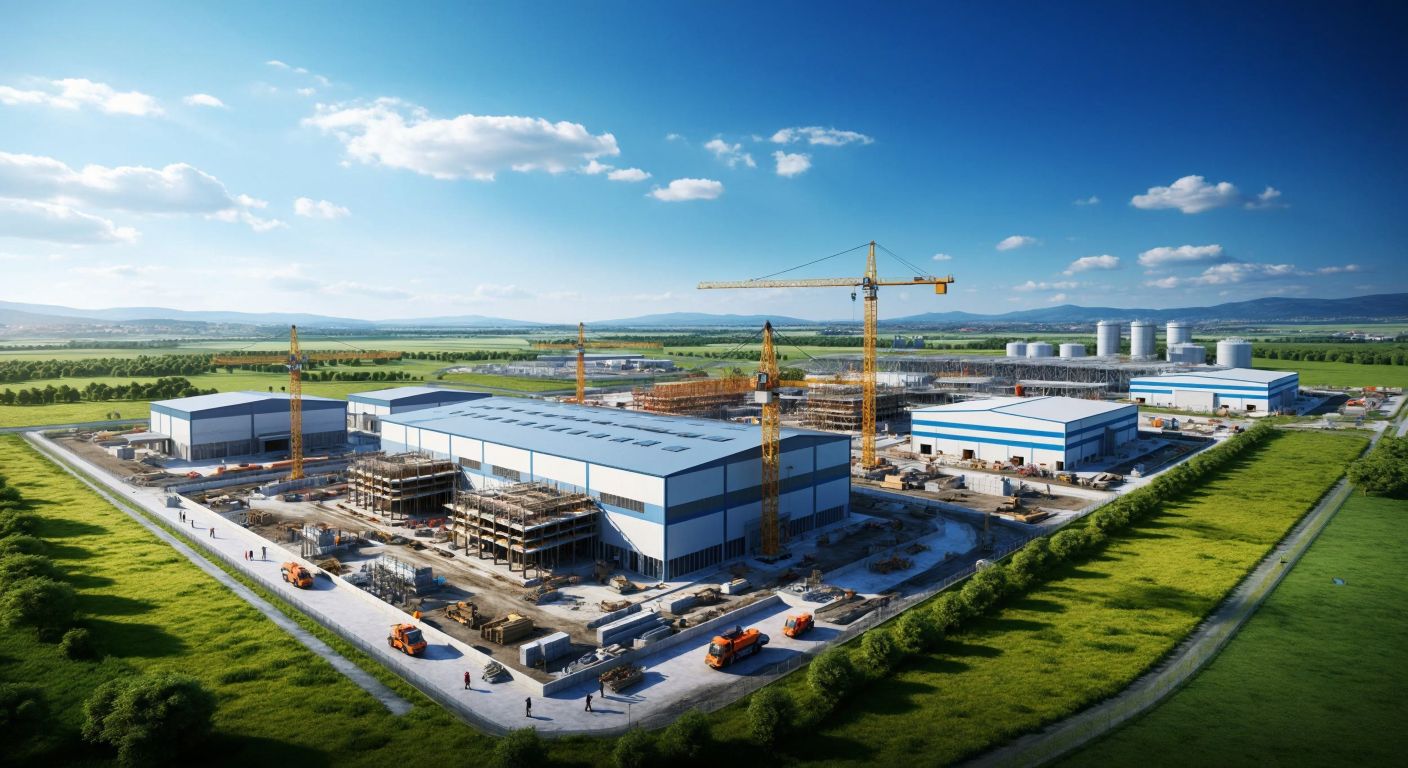 A sprawling industrial complex under construction in Samsun, with cranes and workers in hard hats assembling five large factory buildings amid green fields, under a bright blue sky.