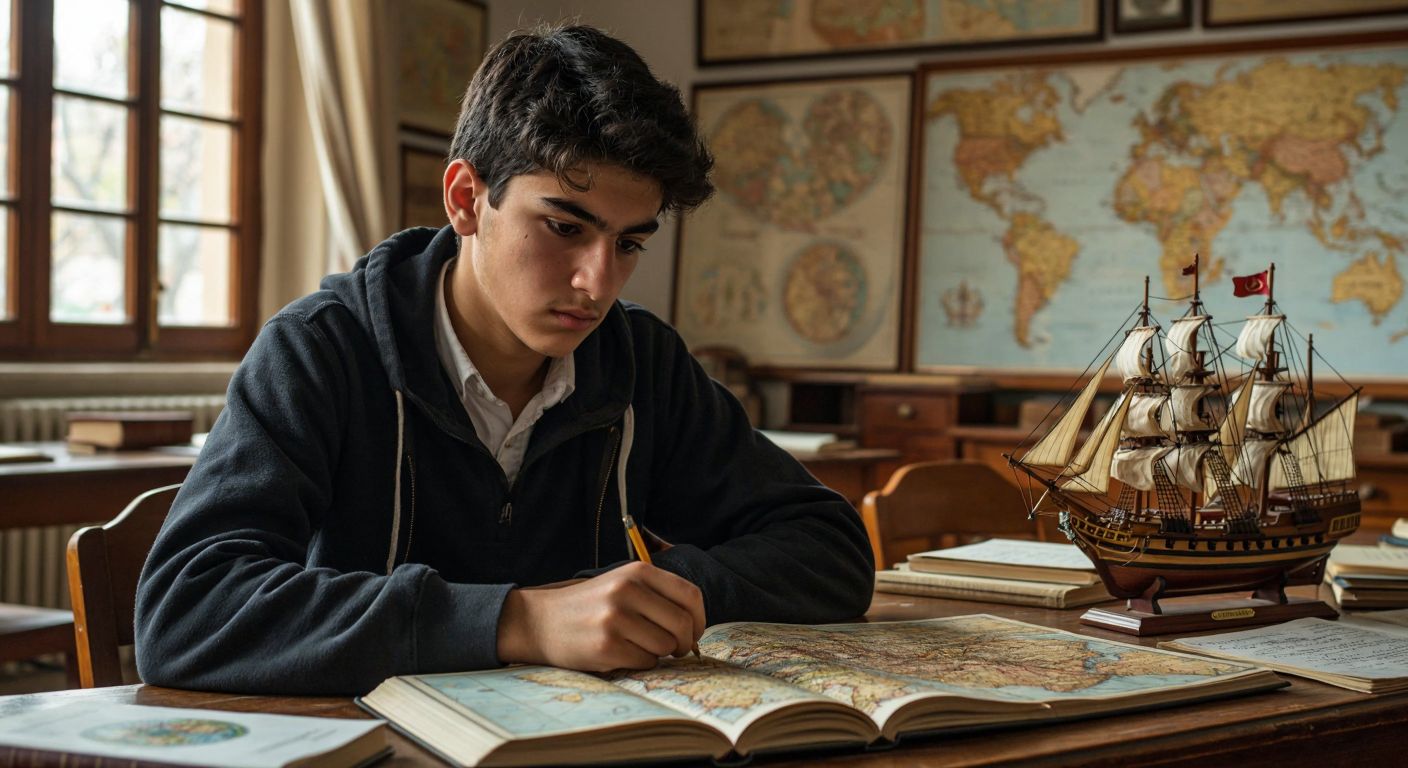 A focused Turkish high school student in a classroom, surrounded by history textbooks and notes, with an Ottoman-era map and a miniature ship model on the desk, reflecting the themes of changing world balances and maritime history.