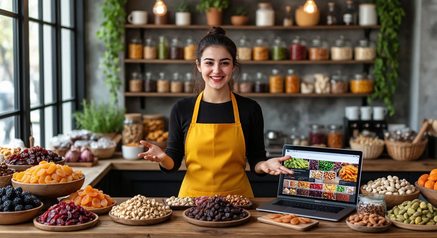 A cheerful Turkish woman in a bright apron stands behind a wooden counter filled with colorful dried fruits, nuts, and snacks, gesturing warmly toward a laptop displaying a vibrant shopping website.