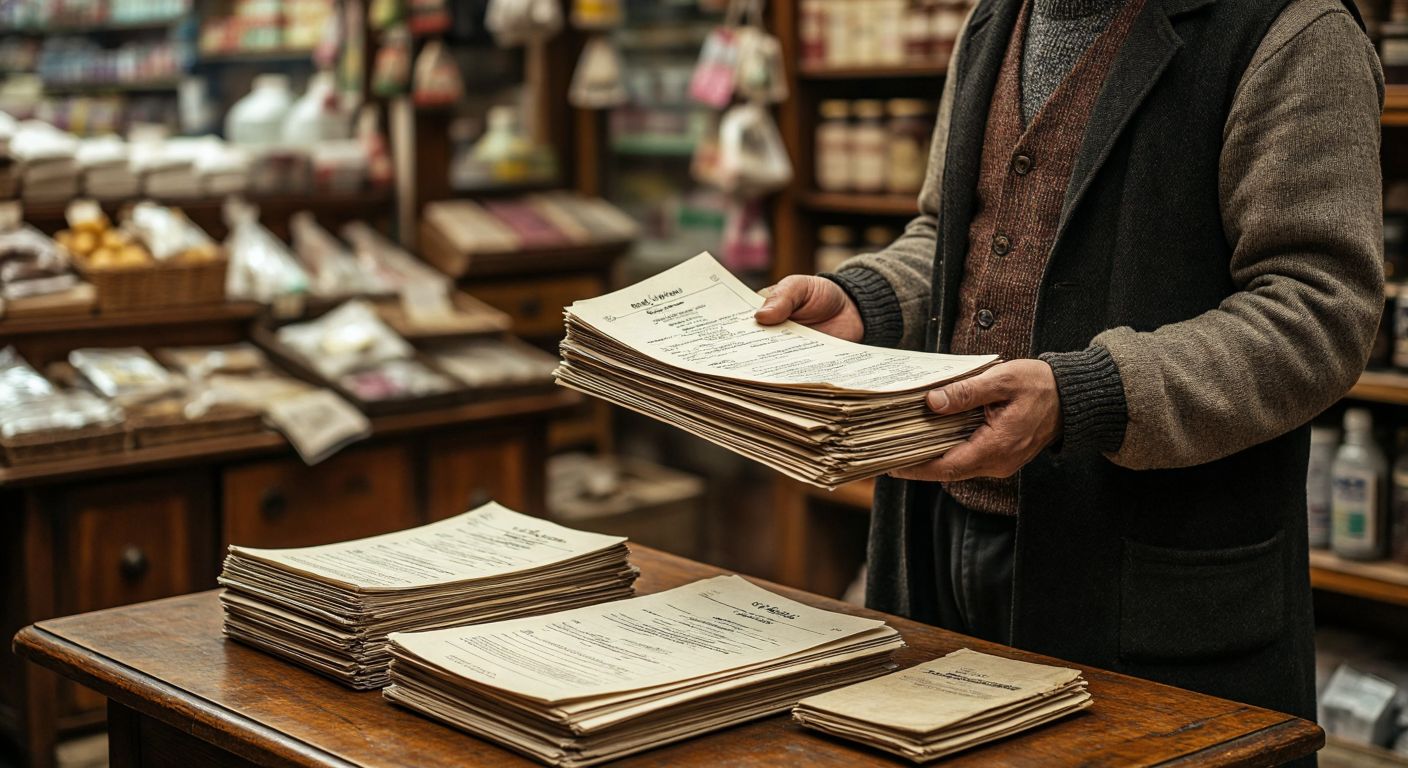 A Turkish shopkeeper in a bustling bazaar hands two neatly stacked paper invoices to a customer, while a third copy rests on a wooden desk beside an old-fashioned ledger.  

(Note: The description avoids text, technology, and symbolic elements while capturing the essence of the interaction—exchange of invoices in a local commercial setting.)
