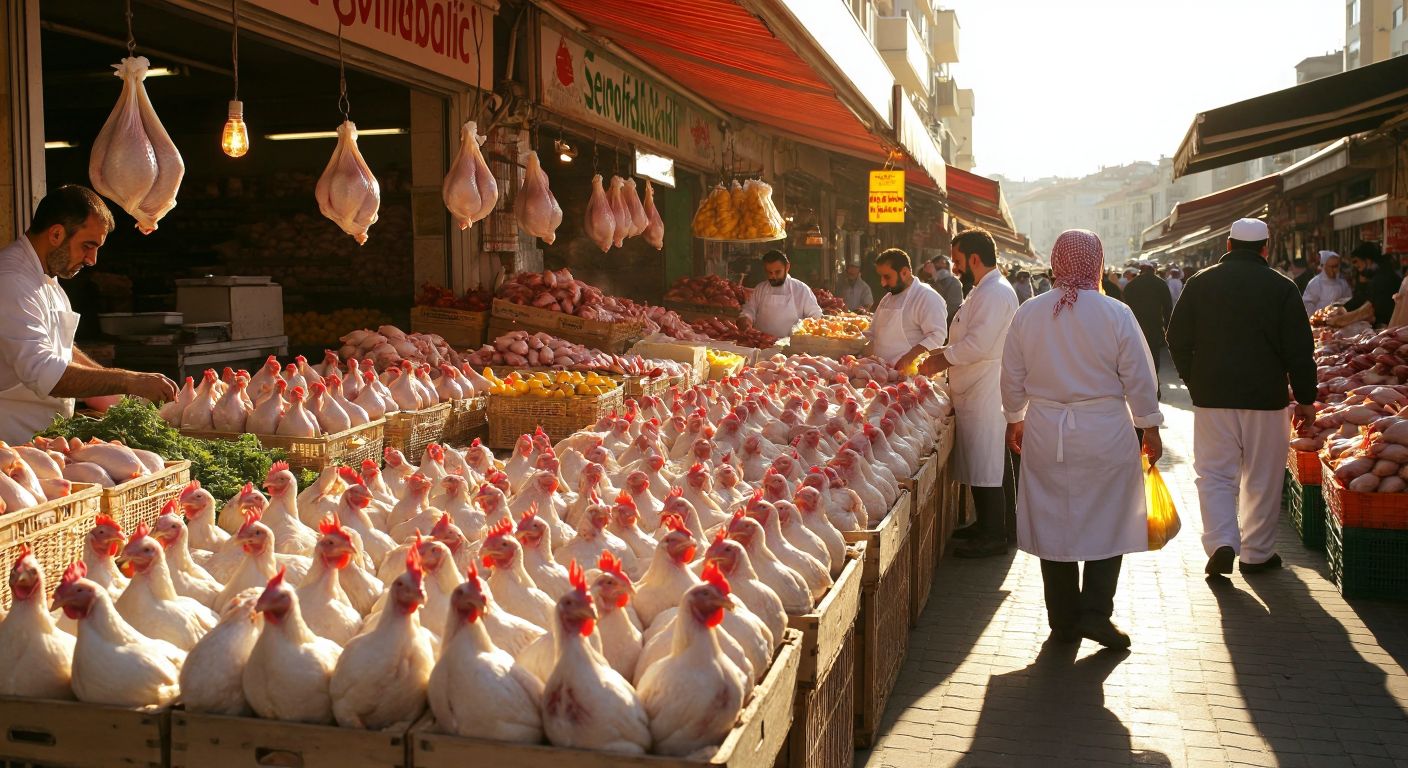 A bustling Turkish poultry market with fresh Şenpiliç-branded chicken on display, surrounded by vendors in white aprons and customers shopping, under warm sunlight.