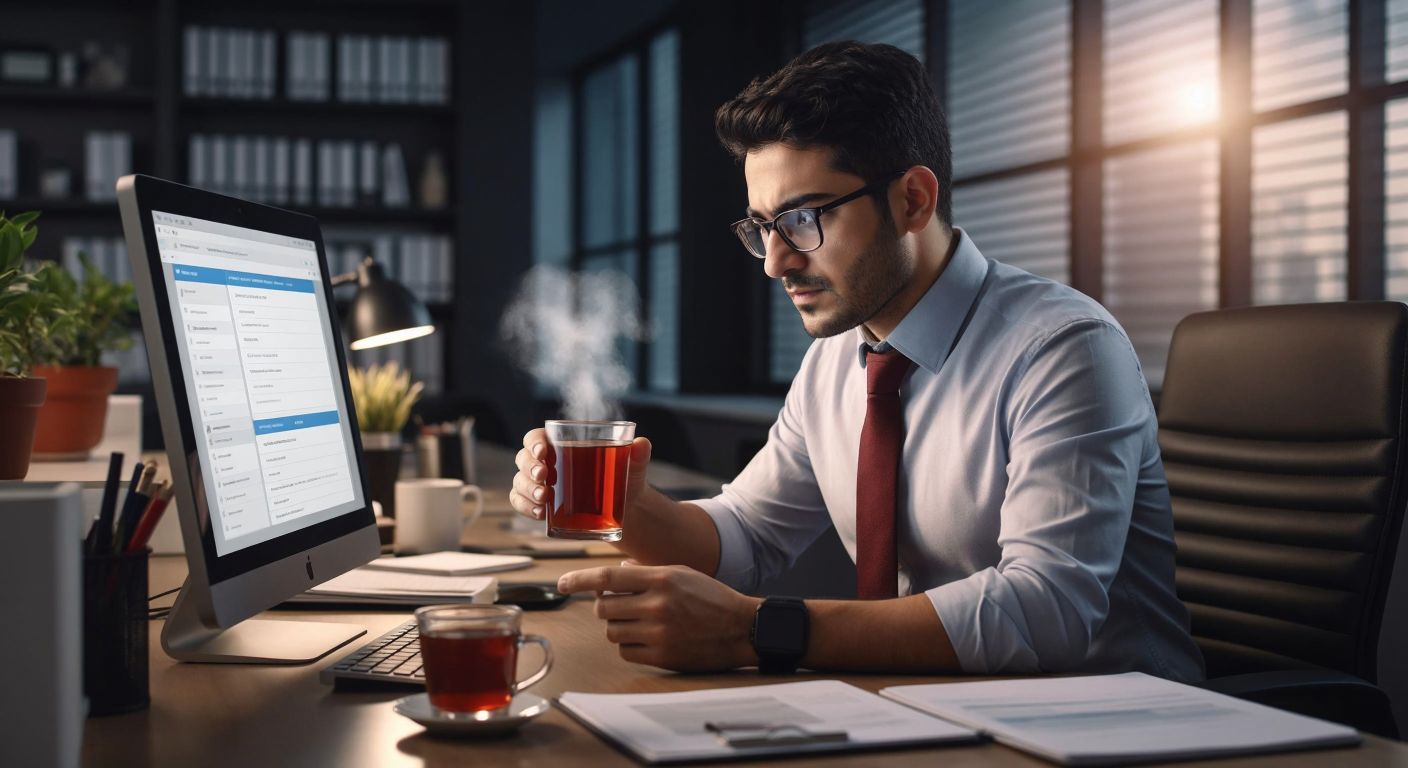 A Turkish accountant in a modern office, wearing glasses and a focused expression, searches for e-invoice user lists on a computer screen while holding a steaming cup of Turkish tea.