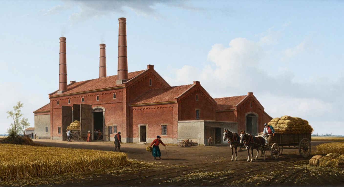 A rustic sugar factory with red-brick walls and tall chimneys, surrounded by golden wheat fields under a clear blue sky, with workers in traditional Turkish attire loading sacks onto horse-drawn carts near the entrance.