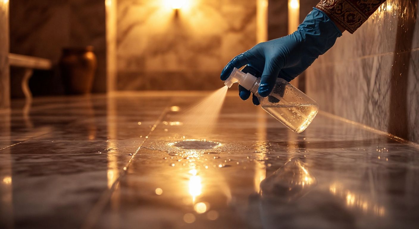 A close-up of a gloved hand spraying a clear liquid onto a wet, shiny marble floor in a Turkish hammam, with droplets glistening under warm ambient light.