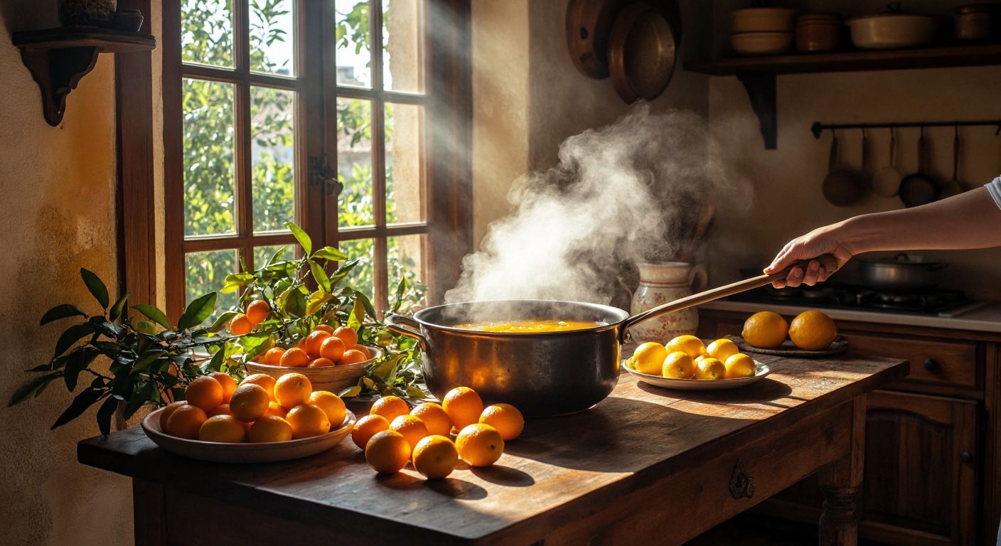 A sunlit Turkish kitchen with a wooden table displaying fresh kumquats, mandarins, and lemons beside a bubbling pot of golden marmalade, steam rising as a hand stirs with a wooden spoon.