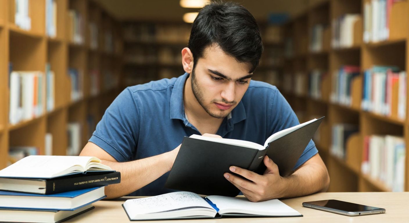 A young Turkish student in a university library, intently studying a notebook filled with handwritten calculations, with a determined expression and a stack of textbooks beside them.