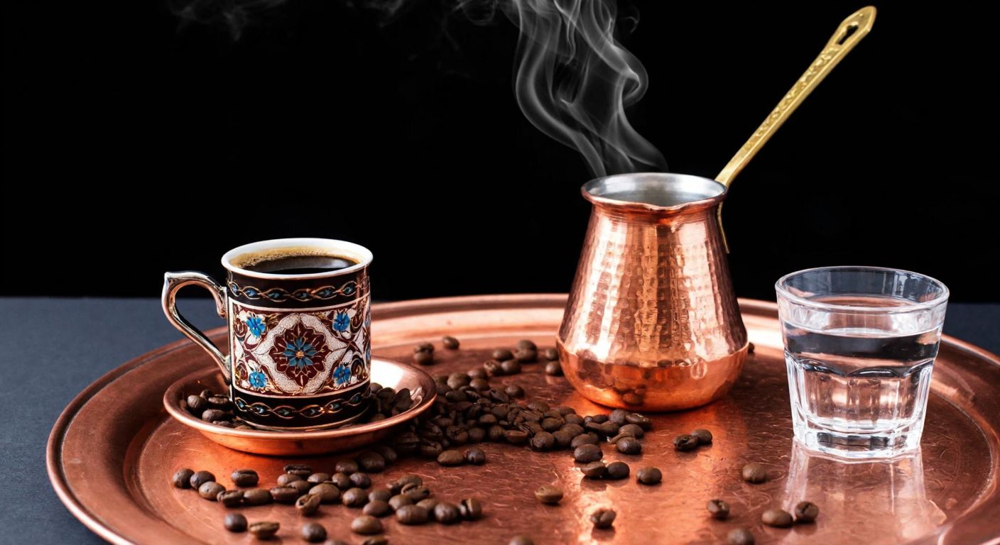 A traditional Turkish coffee cup with intricate patterns sits on a copper tray next to a steaming cezve, surrounded by scattered coffee beans and a small glass of water, evoking warmth and cultural heritage.