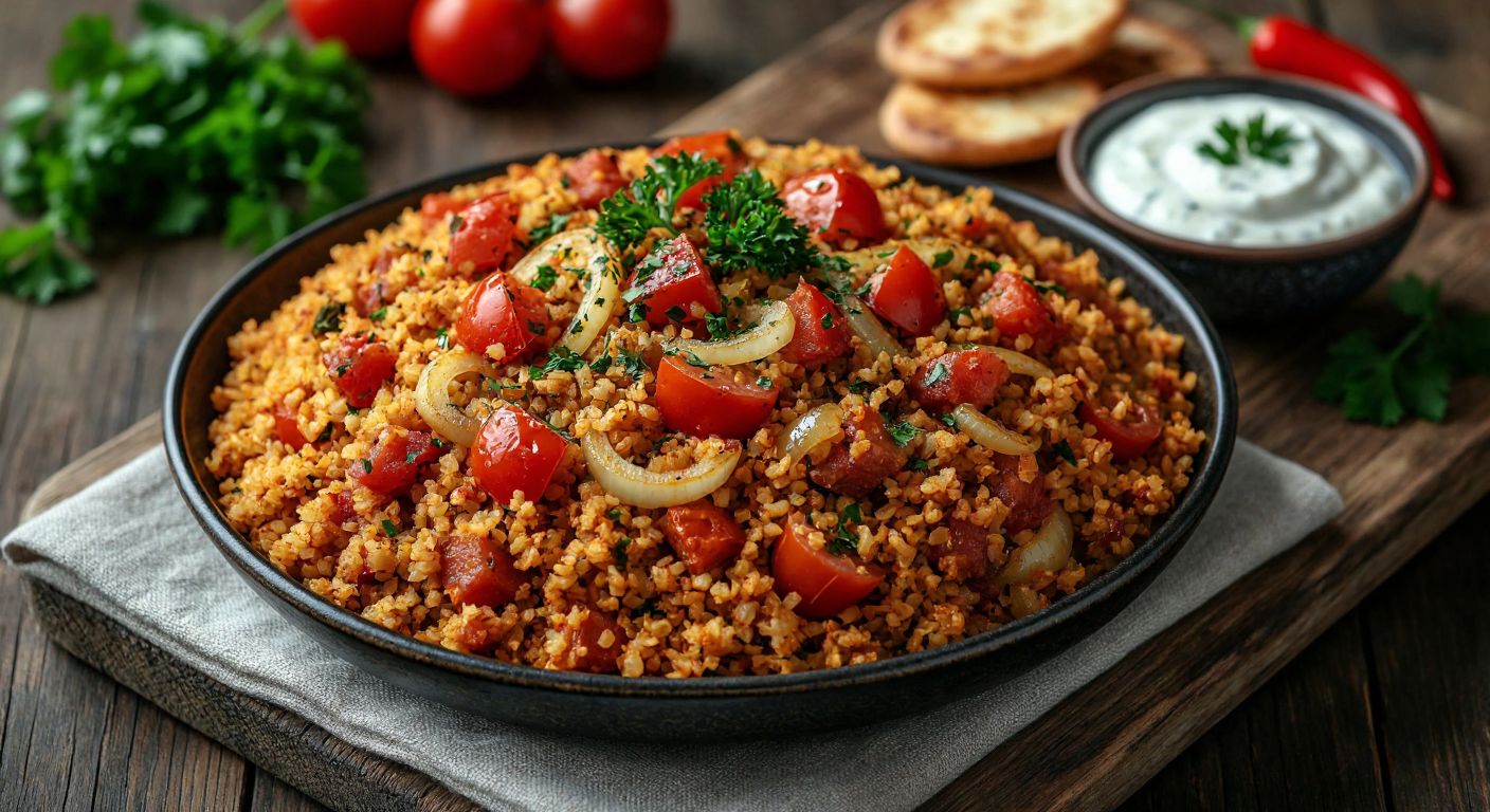 A steaming plate of golden-brown *meyhane pilavı* with bulgur, diced tomatoes, and onions, garnished with fresh parsley, sits on a rustic wooden table beside a small bowl of tangy yogurt, evoking warmth and nourishment in a cozy Turkish tavern setting.