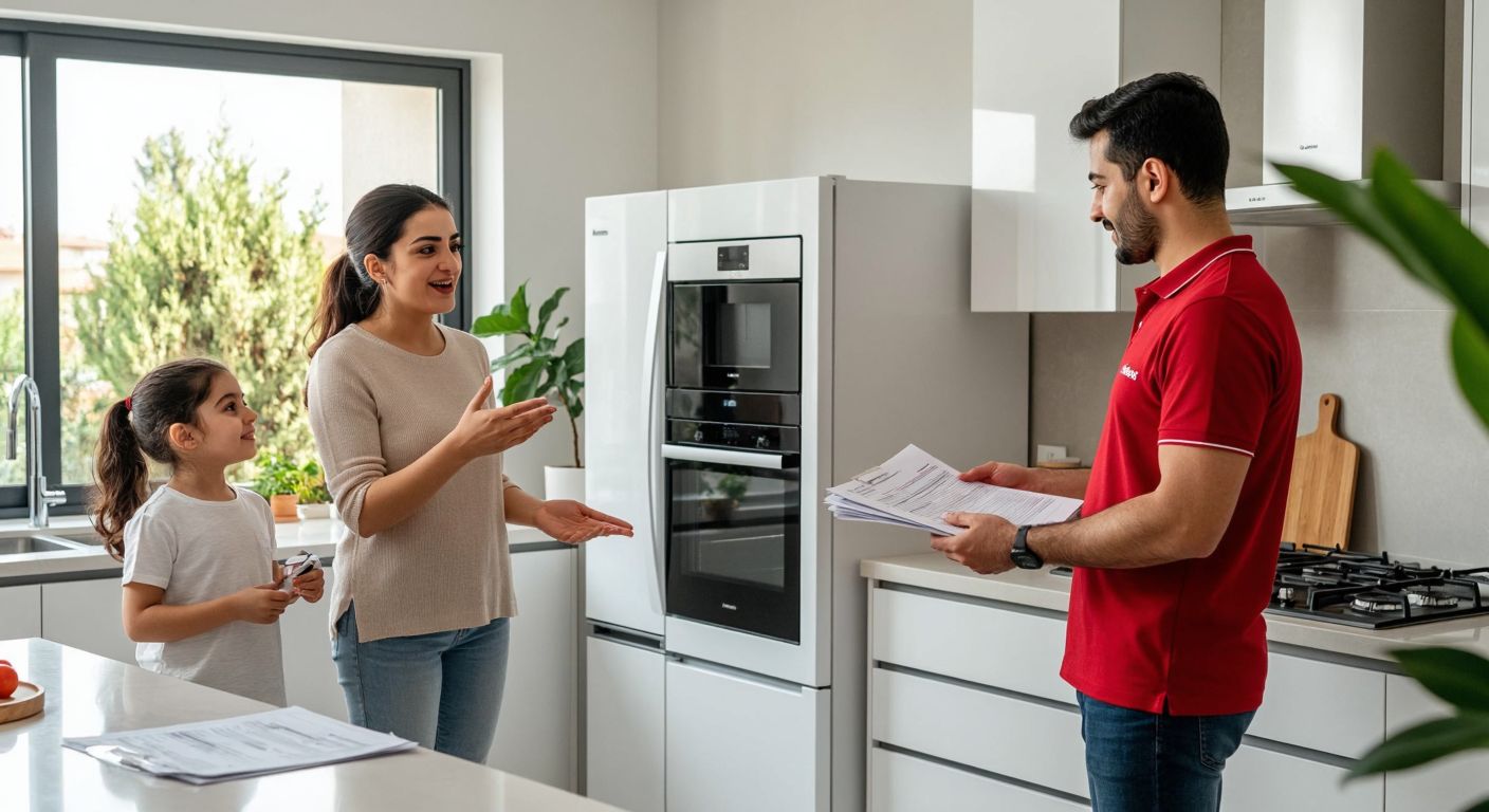 A Turkish family stands in a bright, modern kitchen, gesturing toward a large white appliance while a delivery worker in an Arçelik uniform carefully checks the paperwork nearby.