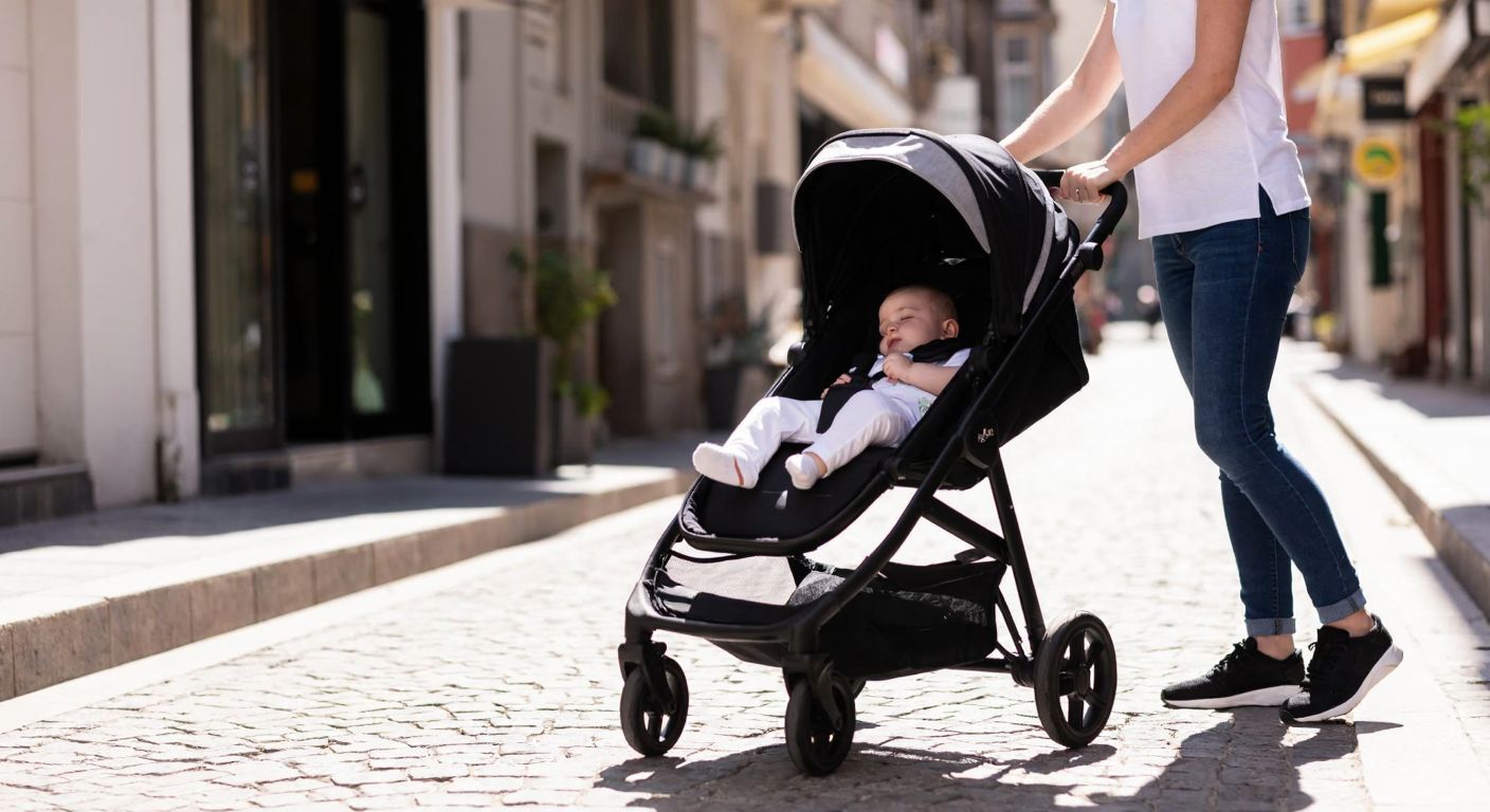 A sleek black stroller with a sleeping baby inside, parked on a sunny cobblestone street in Istanbul, with a smiling parent adjusting the handle.