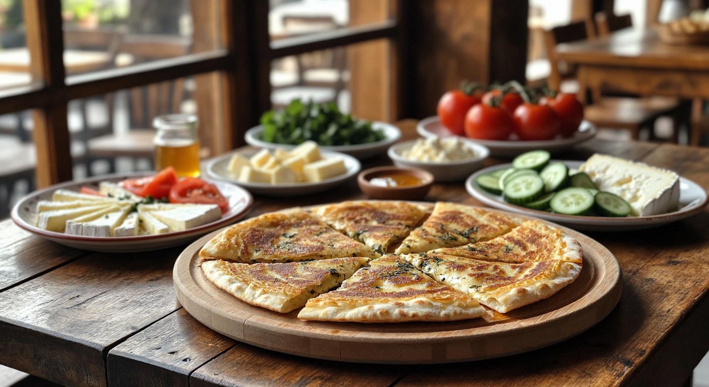 A rustic wooden table in Afyonkarahisar laden with golden katmer drizzled with honey and clotted cream, surrounded by plates of local cheeses, fresh tomatoes, cucumbers, and warm gözleme, evoking a cozy morning atmosphere.