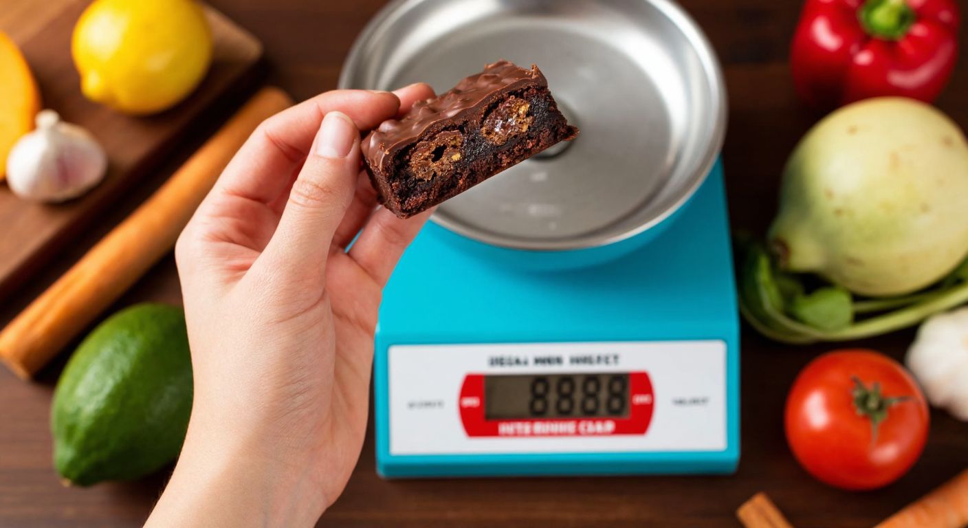 A hand holding a rich, chocolatey **Eti Browni Intense** bar over a kitchen scale with a worried expression, surrounded by fresh fruits and vegetables on a Turkish-style wooden table.