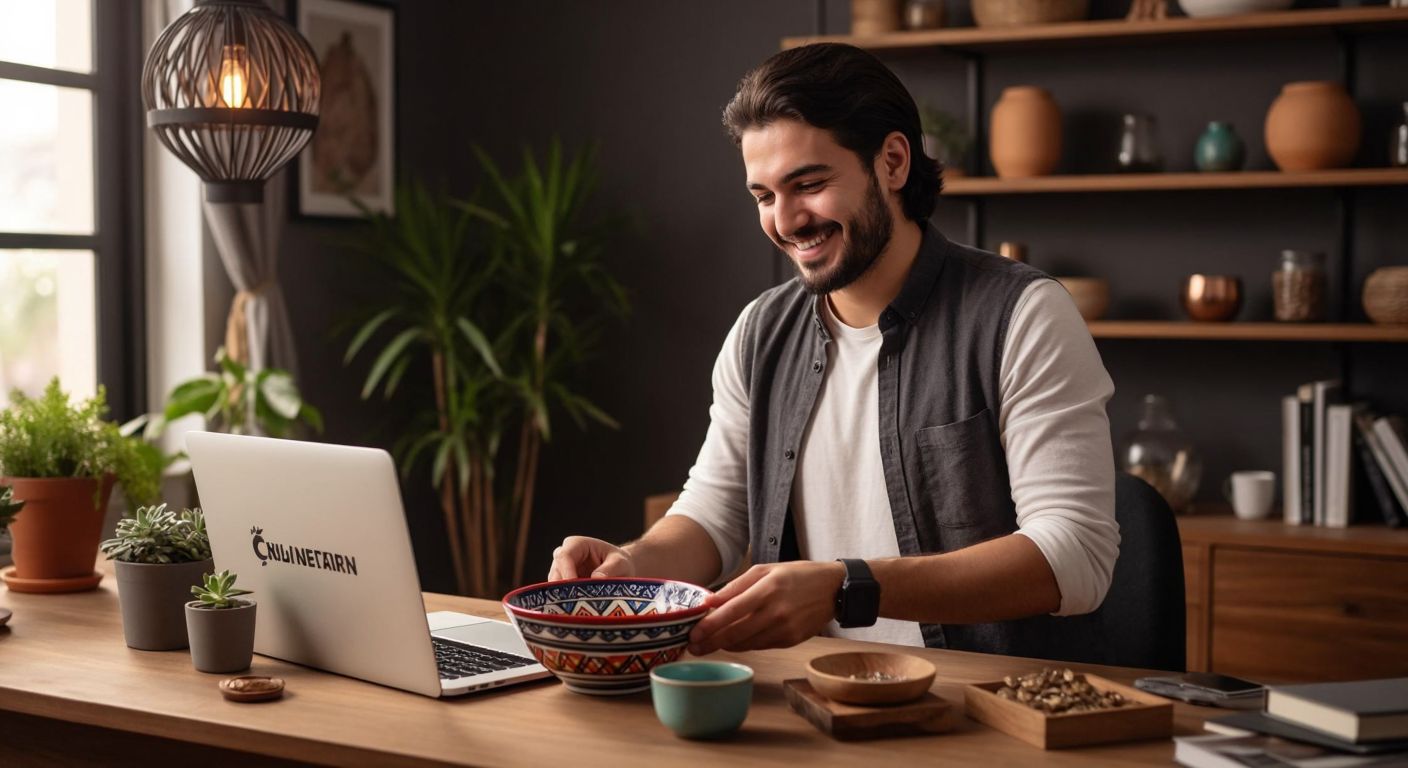 A confident Turkish entrepreneur in a modern home office, carefully packaging a high-quality handmade ceramic bowl with vibrant patterns, while smiling at a laptop displaying a satisfied customer review.