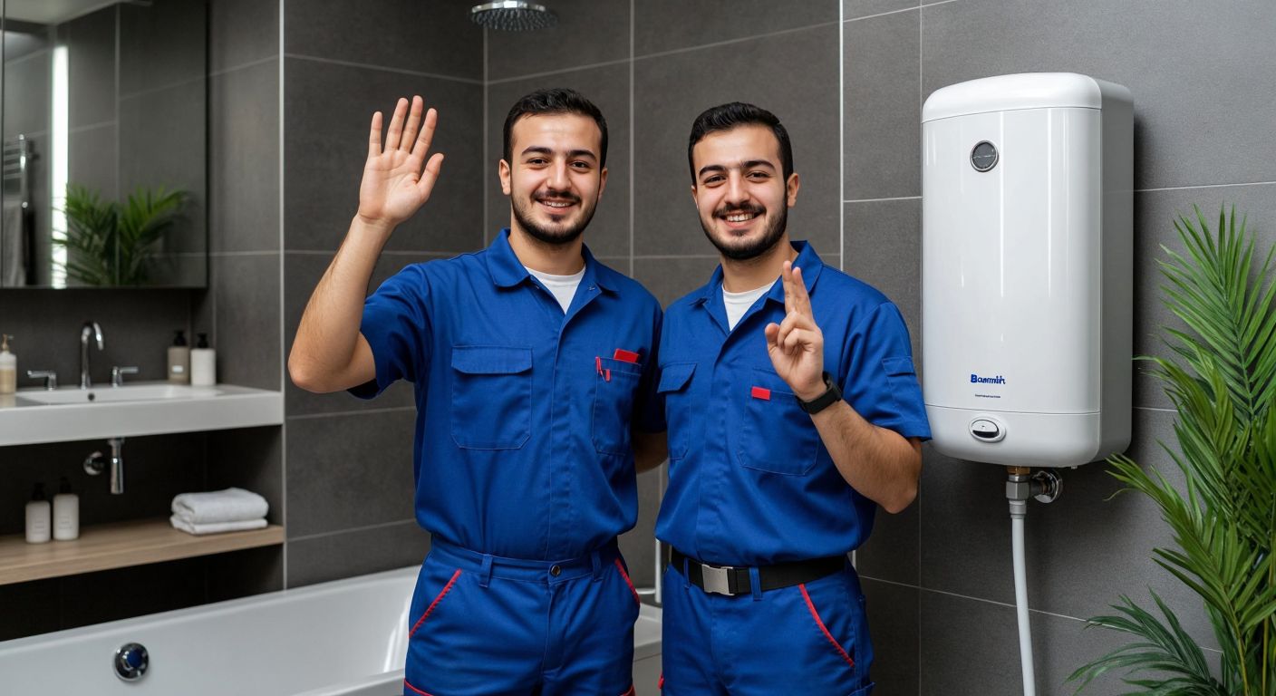A Turkish technician in a blue uniform confidently holds up three fingers while standing next to a gleaming Baymak water heater in a modern home bathroom.  

(Note: The description avoids numbers/symbols by showing fingers, focuses on the product and local context, and conveys trust/assurance through the technician's posture.)