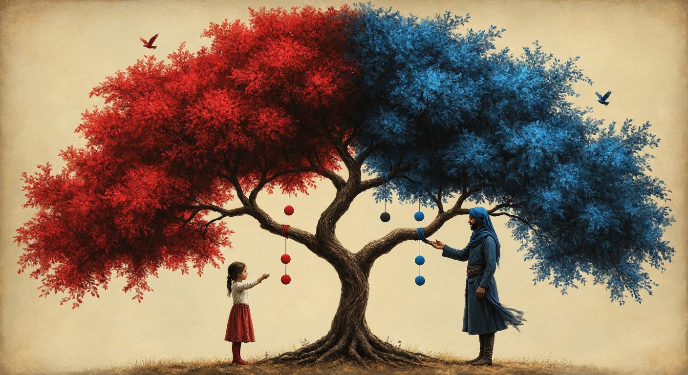 A Turkish family tree with two distinct branches—one showing a parent passing a red-tinted trait directly to a child (dominant), and the other showing two parents combining blue-tinted traits to manifest in their child (recessive).