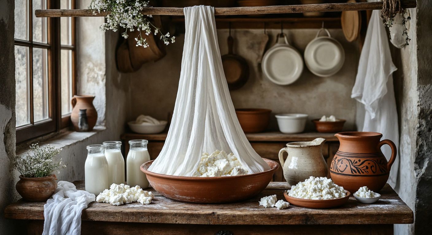 A rustic Turkish kitchen with a wooden table holding a white, lint-free cheesecloth stretched over a bowl, fresh cheese curds dripping through the fabric, surrounded by scattered milk jugs and a traditional ceramic pot.