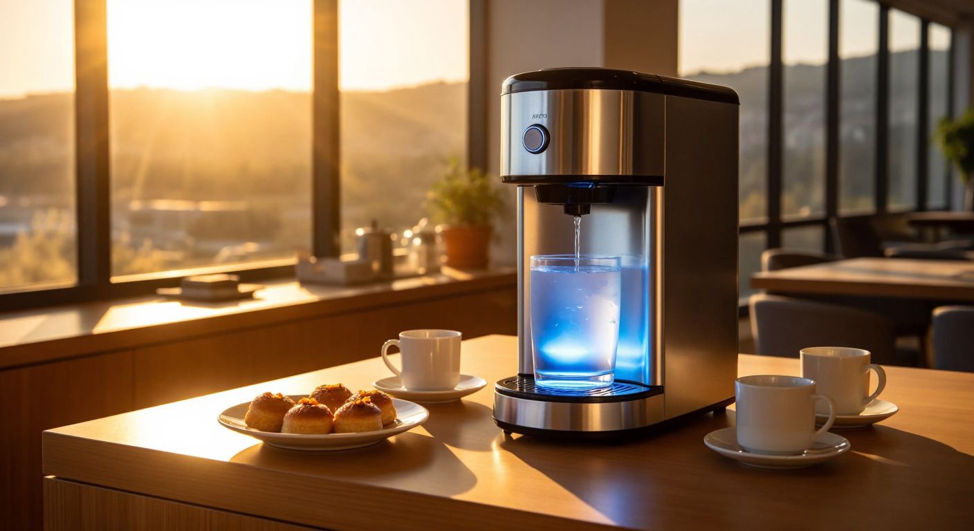 A sleek silver water dispenser with a glowing blue light stands on a wooden counter in a sunlit Turkish office, surrounded by ceramic tea glasses and a plate of baklava.