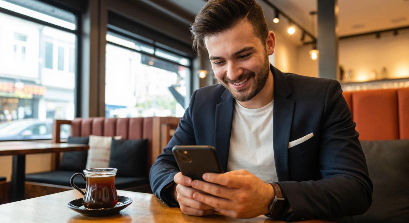 A young professional in a modern Istanbul café smiles while analyzing stock charts on their phone, with a steaming cup of Turkish coffee beside them.