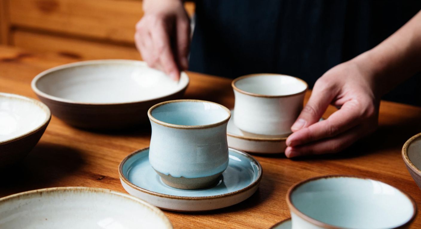 A Turkish artisan carefully arranges delicate porcelain teacups beside rustic ceramic bowls on a wooden table, highlighting their distinct textures and craftsmanship.