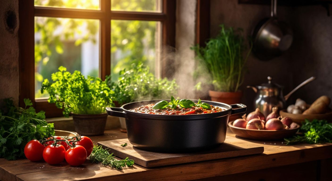 A sturdy, well-seasoned cast iron pot sits on a rustic wooden table in a Turkish kitchen, surrounded by fresh vegetables and herbs, with warm sunlight streaming through a nearby window.