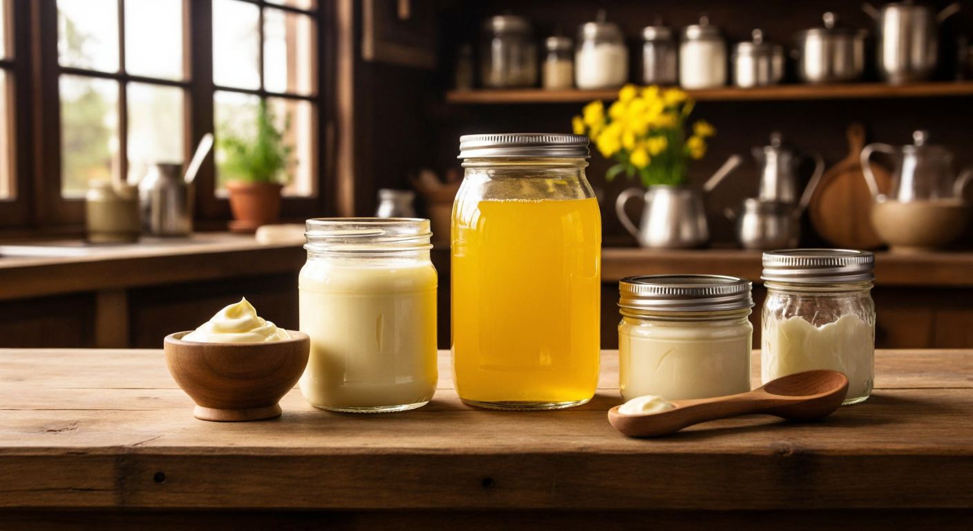 A rustic wooden table in a Turkish kitchen holds three jars—a clear glass jar filled with golden butter, a shiny stainless steel jar, and a lightweight plastic jar—all neatly arranged beside fresh cream and a wooden churner.