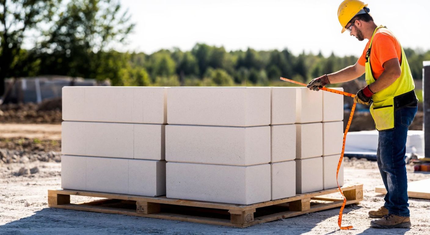 A stack of smooth, rectangular Ytong blocks neatly arranged on a wooden pallet in a sunlit construction site, with a worker in a hard hat and dusty clothes measuring the area with a tape.