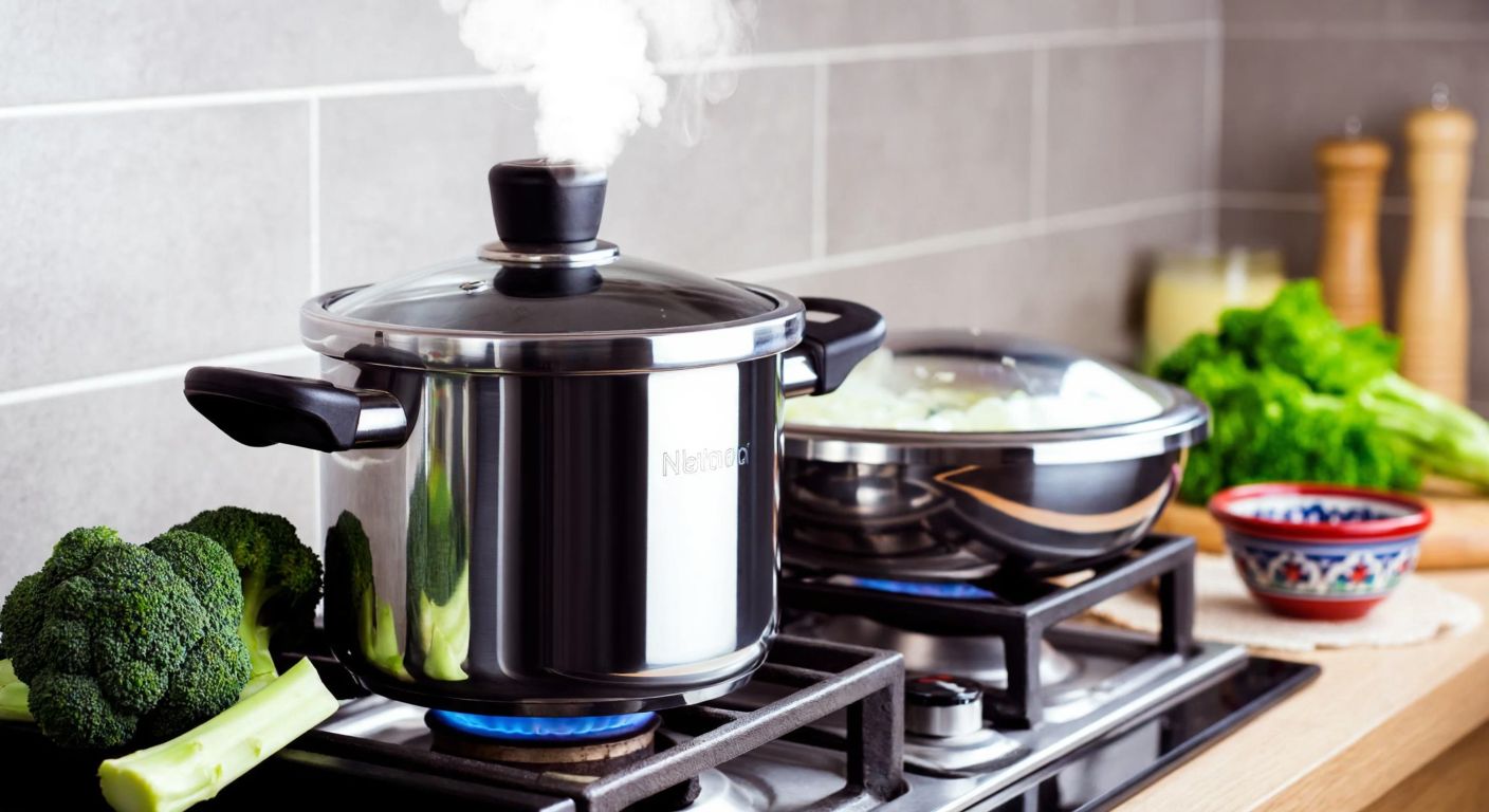 A gleaming stainless steel pressure cooker sits on a stovetop with steam rising from its valve, surrounded by fresh broccoli florets and a traditional Turkish ceramic bowl nearby, conveying efficiency and home cooking.