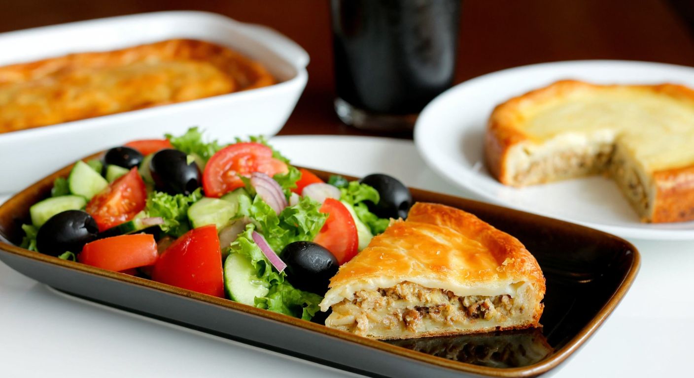A rectangular ceramic plate in Turkey holds a colorful salad with fresh tomatoes, cucumbers, and olives, next to a slice of moist baklava on a clear glass plate, with a small dish of warm cheese-filled börek in the background.