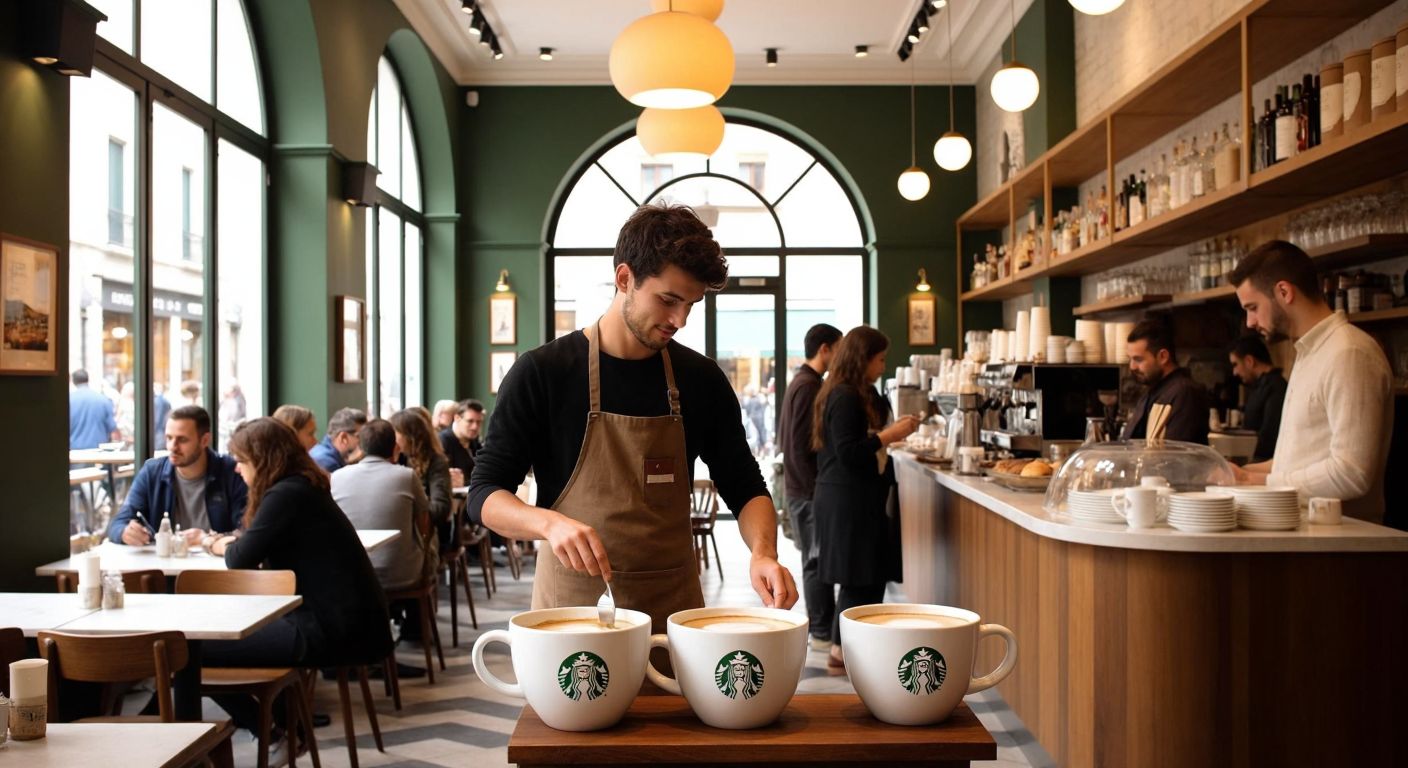 A bustling Italian café with a barista serving oversized coffee cups to customers, evoking the inspiration behind Starbucks' large cup sizes.
