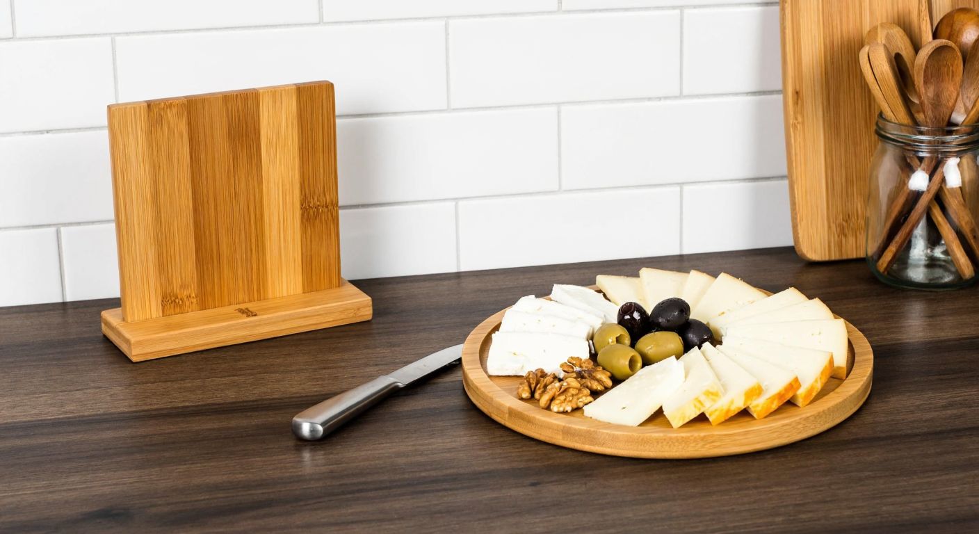 A rustic wooden table in a cozy Turkish kitchen holds a round bamboo cheese platter with slices of white cheese, olives, and walnuts, alongside a small magnetic bamboo knife holder.