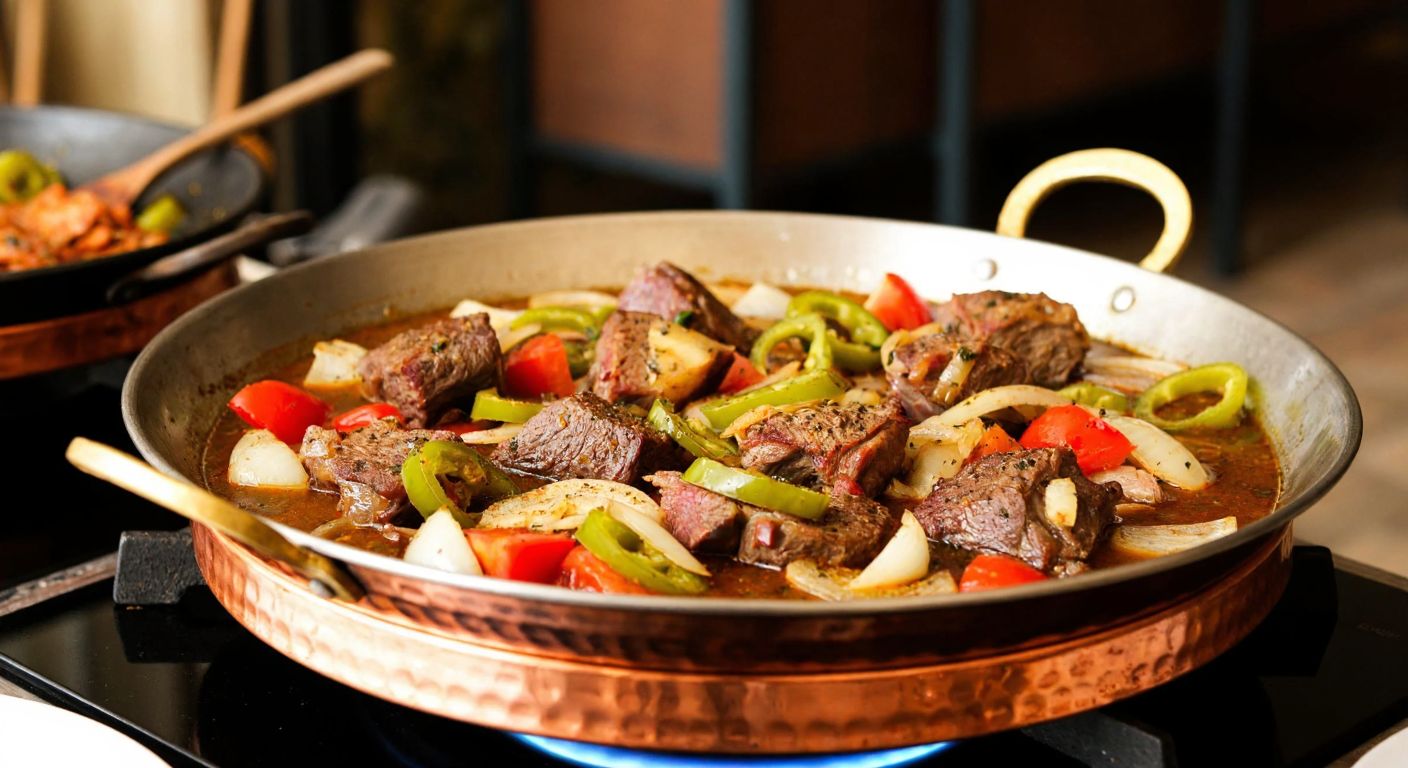 A traditional Turkish copper *sac* pan sizzling with tender lamb pieces, diced onions, green peppers, and tomatoes, glistening with olive oil and aromatic spices, set against a rustic kitchen backdrop with warm, inviting light.