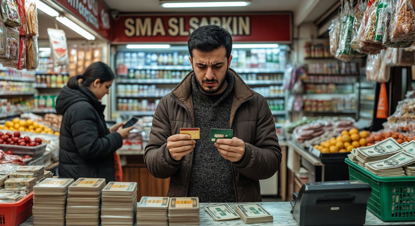 A frustrated customer in a Turkish market stands at a checkout counter, holding a declined credit card while the shopkeeper gestures toward a phone and a stack of cash as alternative solutions.