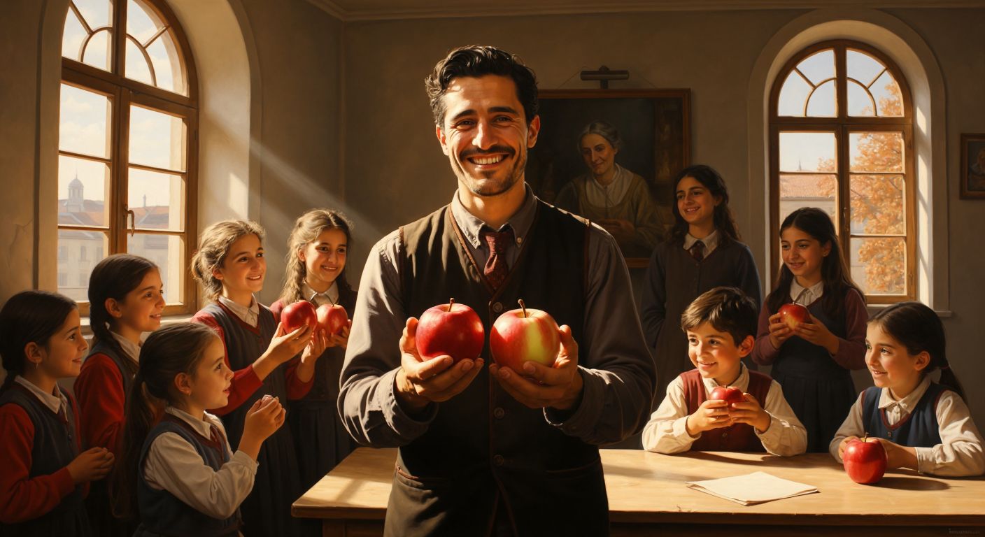 A Turkish teacher in a sunlit classroom holds two nearly identical apples, smiling as students observe them closely, illustrating the concept of approximate equality.