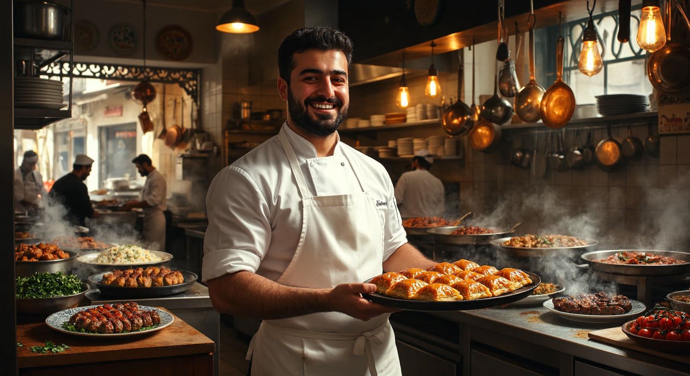 A smiling, burly Turkish chef in a white apron stands proudly in front of a bustling restaurant kitchen, holding a sizzling tray of golden baklava while surrounded by steaming plates of kebabs and mezze.