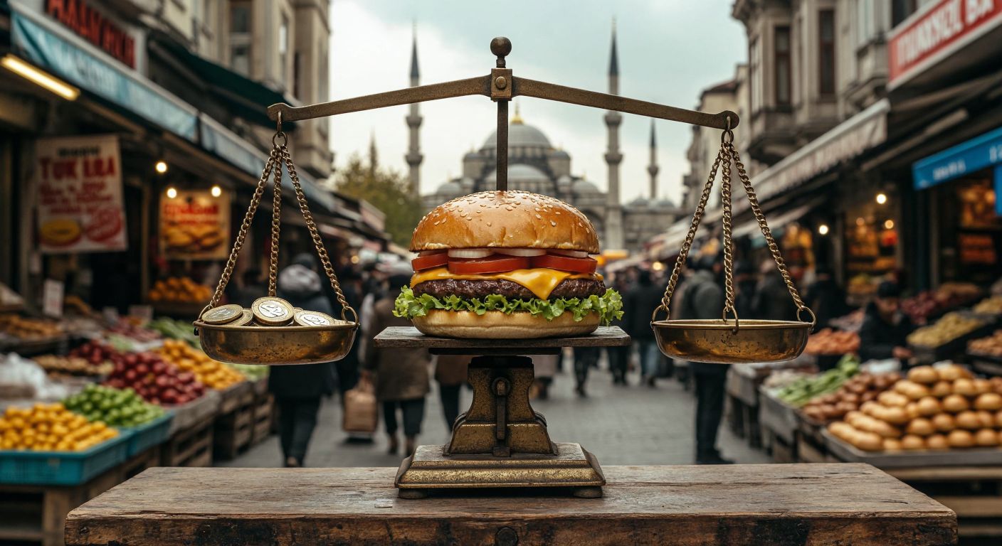 A golden Big Mac burger balanced on one side of a scale, with Turkish lira coins tipping the other side downward against a backdrop of a bustling Istanbul street market.