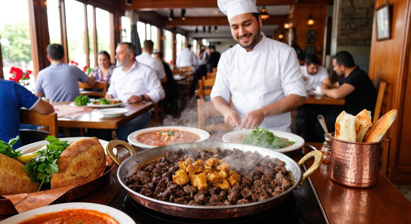 A bustling traditional Turkish restaurant in Edirne, with a steaming plate of golden-brown tava ciğer sizzling on a copper pan, surrounded by warm bread and fresh garnishes, while a smiling chef in a white apron serves it to eager customers seated at wooden tables.